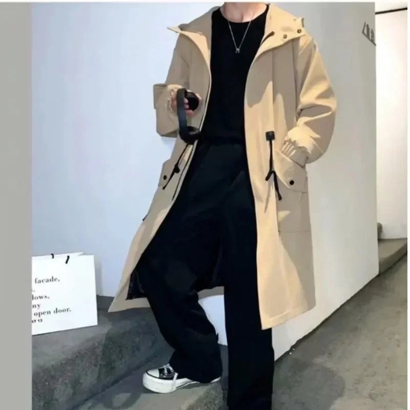 Spring Autumn Army Green Windbreaker Fashion Men Midlength Casual Hooded Coat Daily High Street Overcoat Male Clothes 250730
