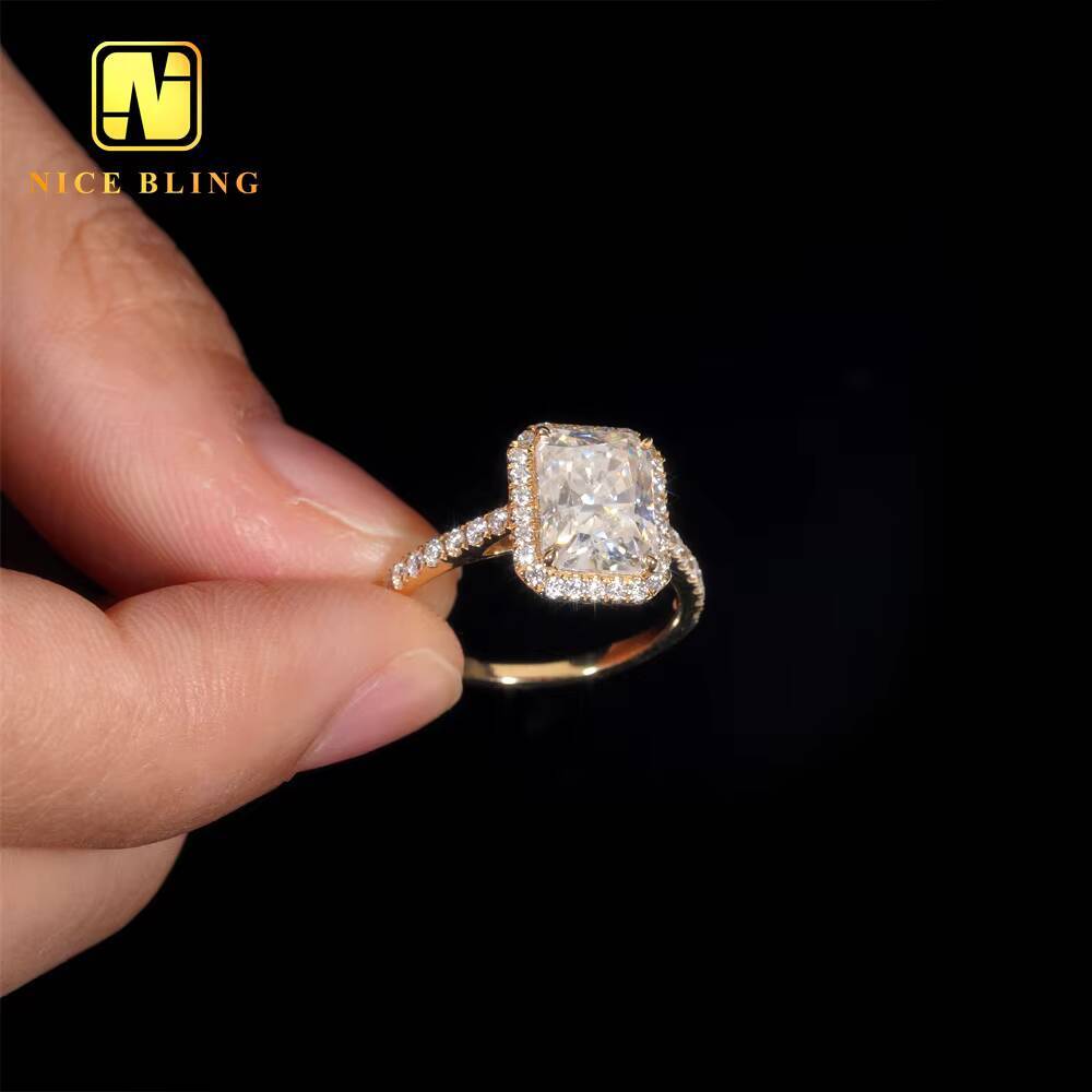 14K Solid Yellow Gold Diamonds Cluster Radiant Cut Design VVS Moissanite Diamond Engagement Wedding Ring