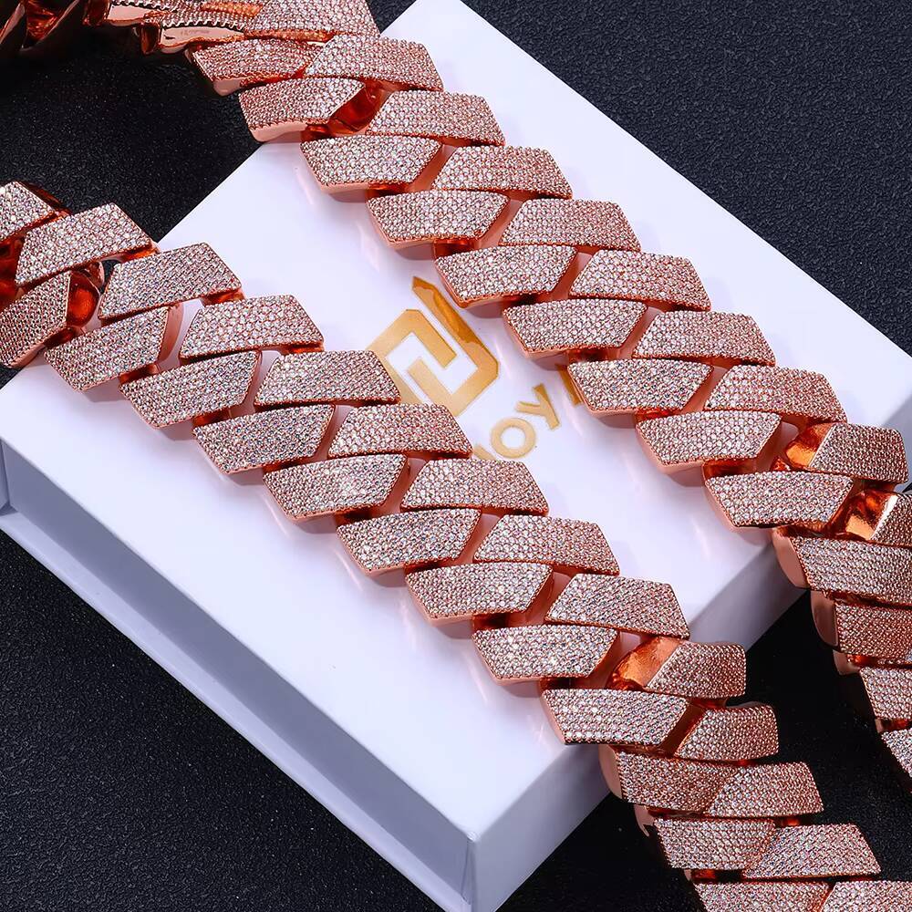 NUOYA Womens Hip Hop Necklace 16mm Iced Prong Cuban Link Chain Rose Gold Plated Brass 6 Row Diamond Cuban Chains