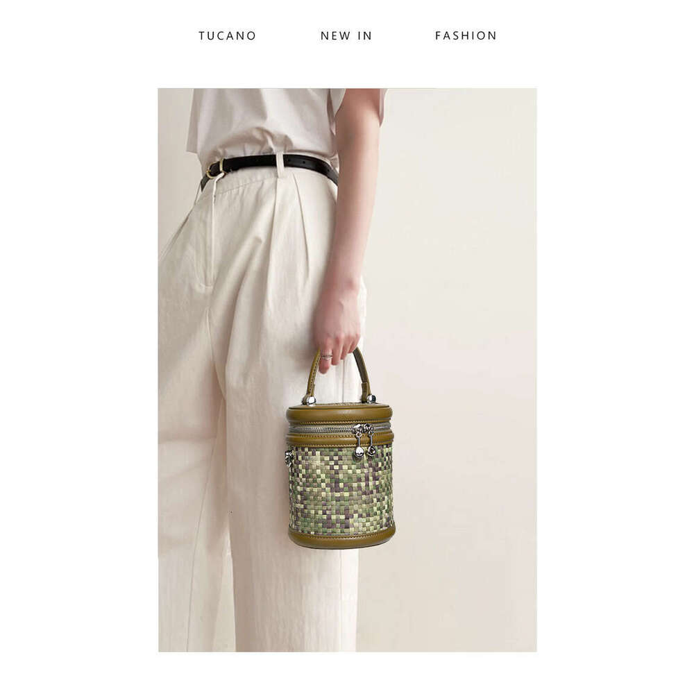 Lanjia- 2025 Lightweight Women Washed Denim Color-Block Design Bucket Woven Handbag Tote Cylinder Crossbody Bag 45Bba