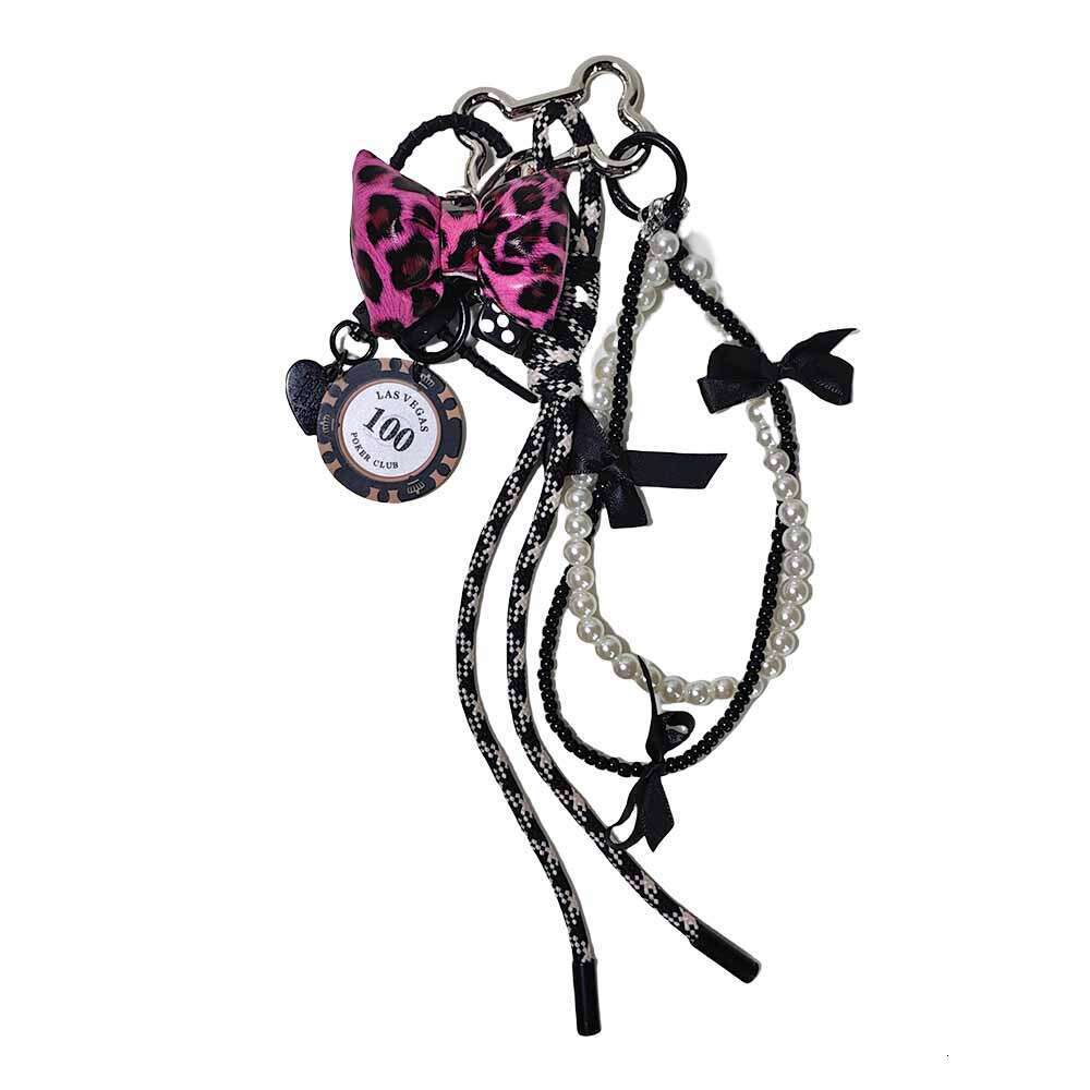 Sweet Cool Rose Pink Leopard Print Bow Keychain Chip Pearl Chain Pendant Women's Bag Charm