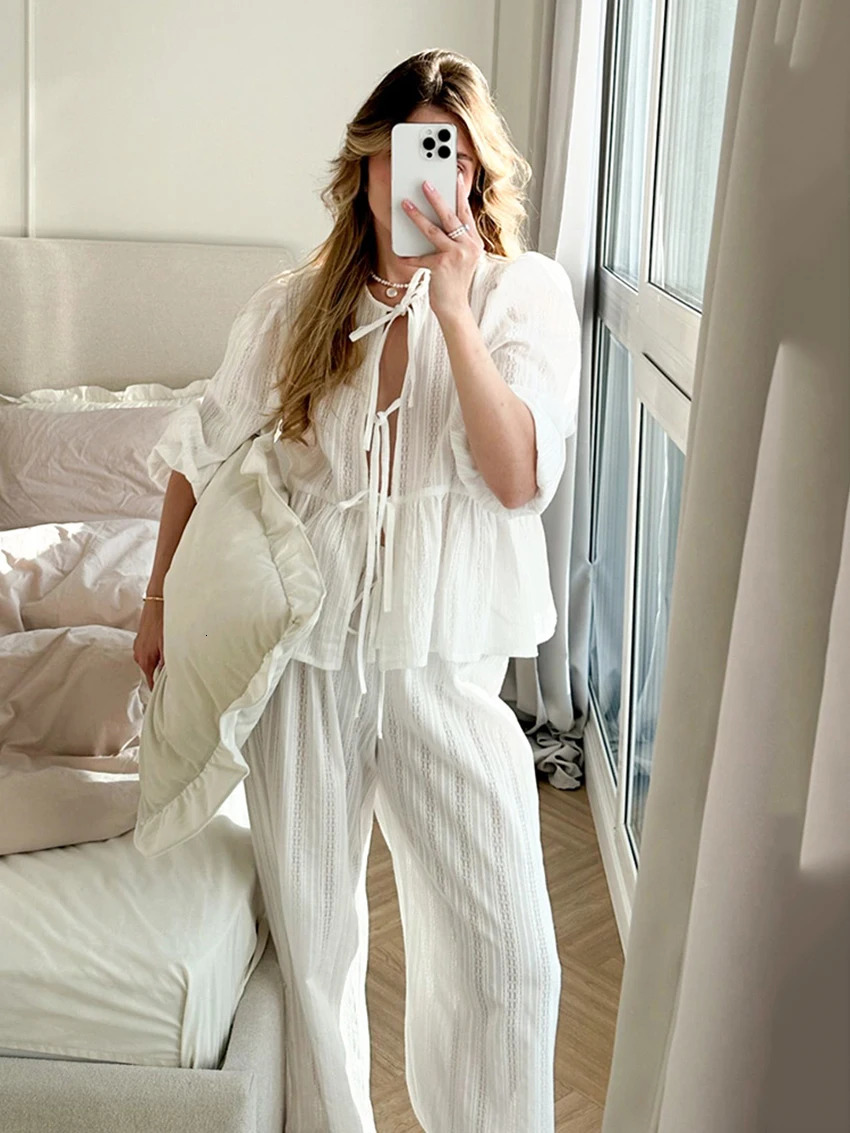 Marthaqiqi Winter Women Pajamas Suit Lace Up Sleepwear Long Sleeve Nightgowns ONeck Nightwear Pants Casual Ladies Home Clothes 250730