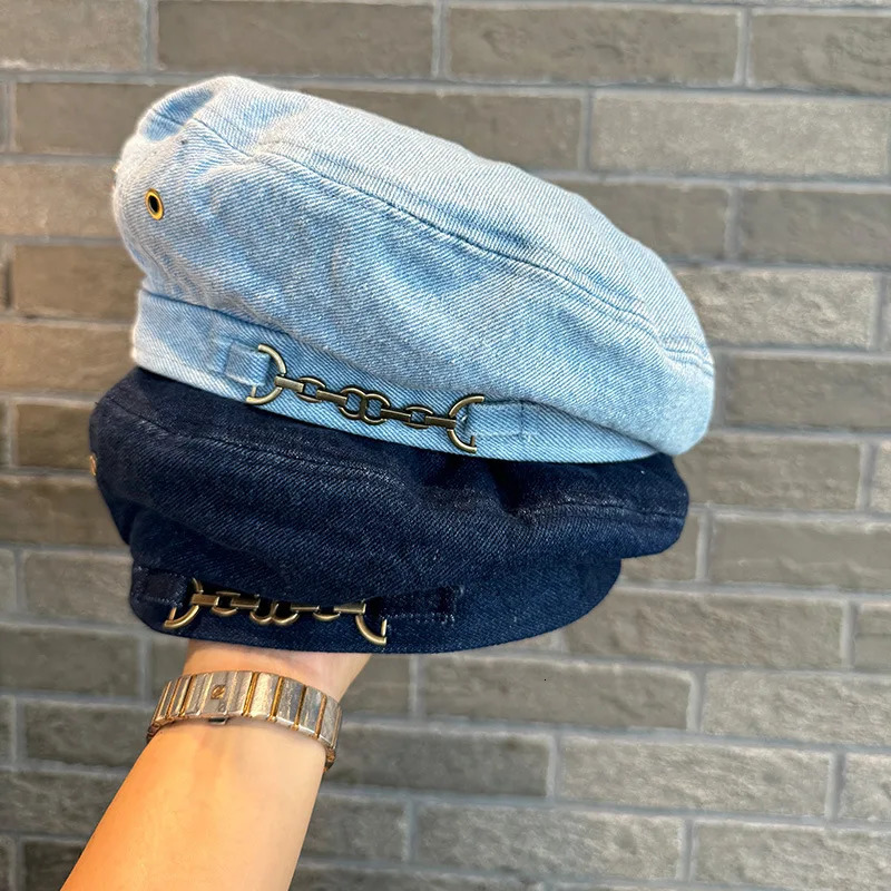 Denim French Style Hat Chain Beret Childrens Outdoor Pumpkin Hat Versatile Hat Big Head Circumference Painter Hat 250729