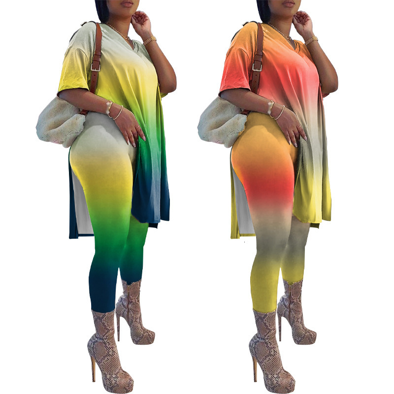 F1371 New Womens Gradient Color Hem Split Top Fashion Slim Fit Set