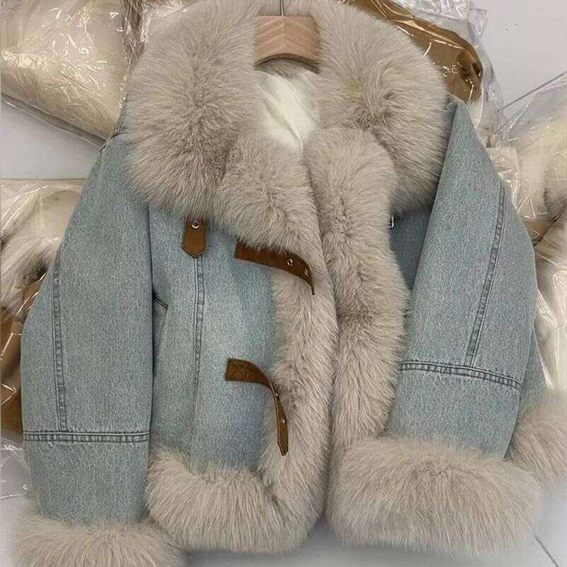 Women's Clothing Design Ing Blue Denim Jacket Fashionable Quilted Thick Warm Fur Plush Coat