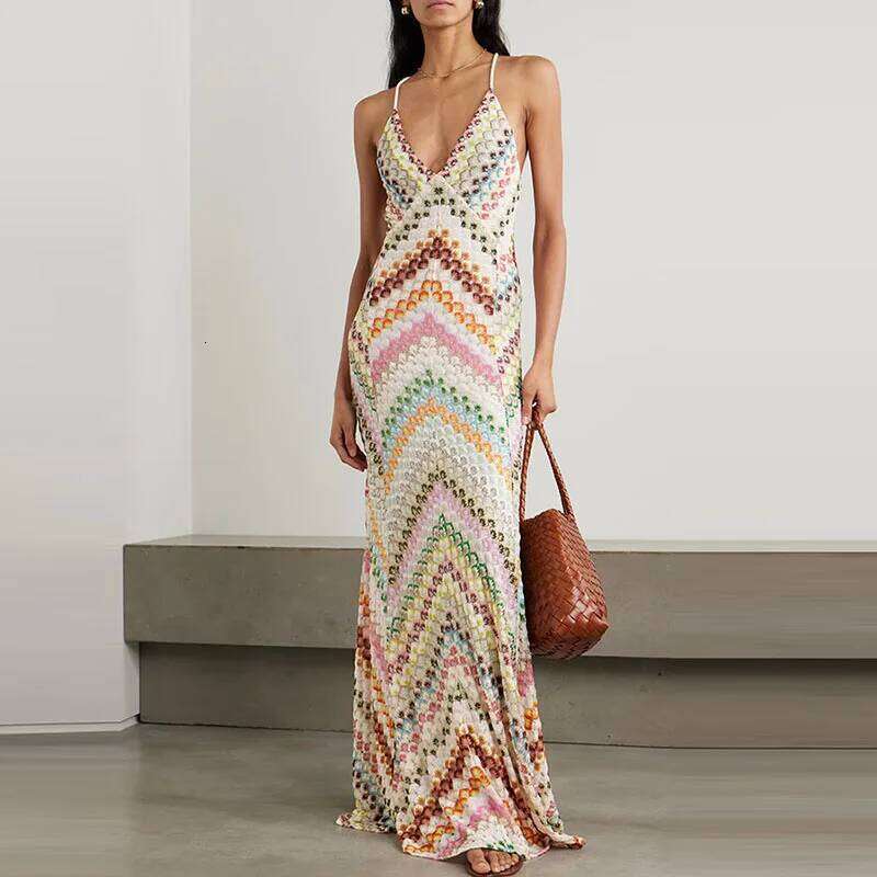 Fashion V-neck Striped Print Bohemian Lady Casual V Neck Sleeveless Party Backless Hollow Out High Waist Long Dress