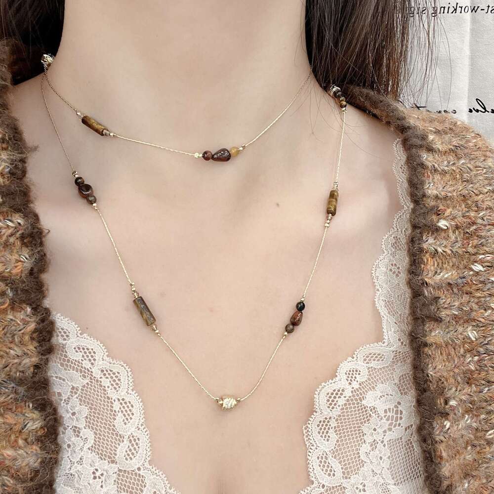 Exquisite Fashionable Melad Coffee Color Tiger Eye Stone Snake Bone Necklace High-end Niche Women's Metal Long Sweater Chain 1de