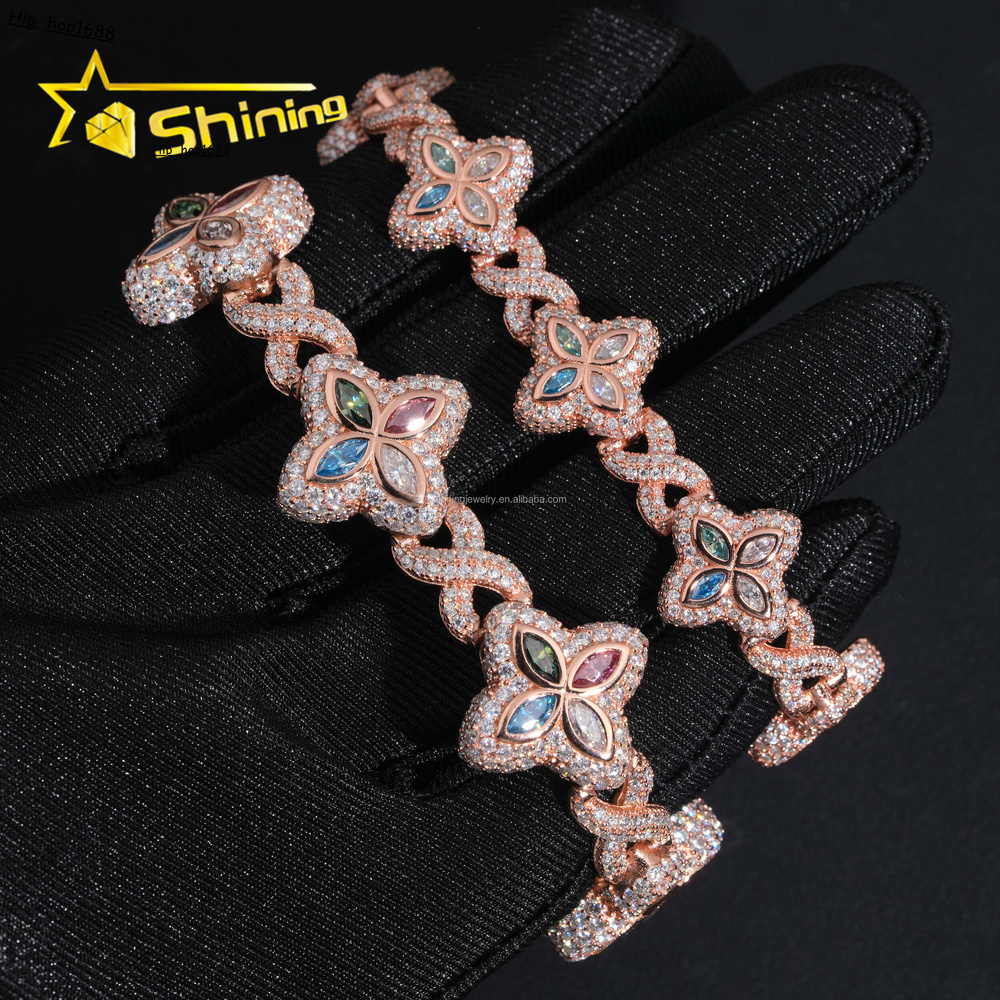 Unique Design Rapper Luxury Jewelry Hot Selling Hip Hop Mulit Color Moissanite Iced Out S925 Silver Cuban Clover Bracelet Men