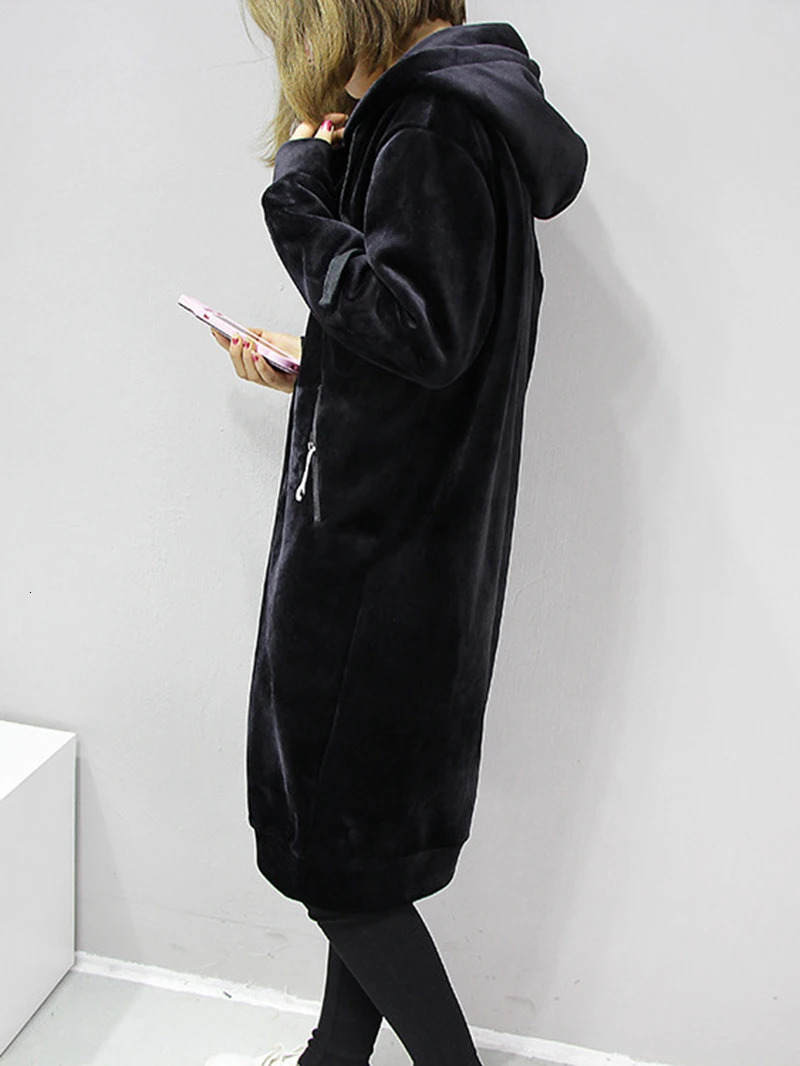 Womens Medium Long Velvet Zipper Jacket Loose Versatile Cardigan Hoodie Spring Autumn Student Black Thickened Coat Top 250730