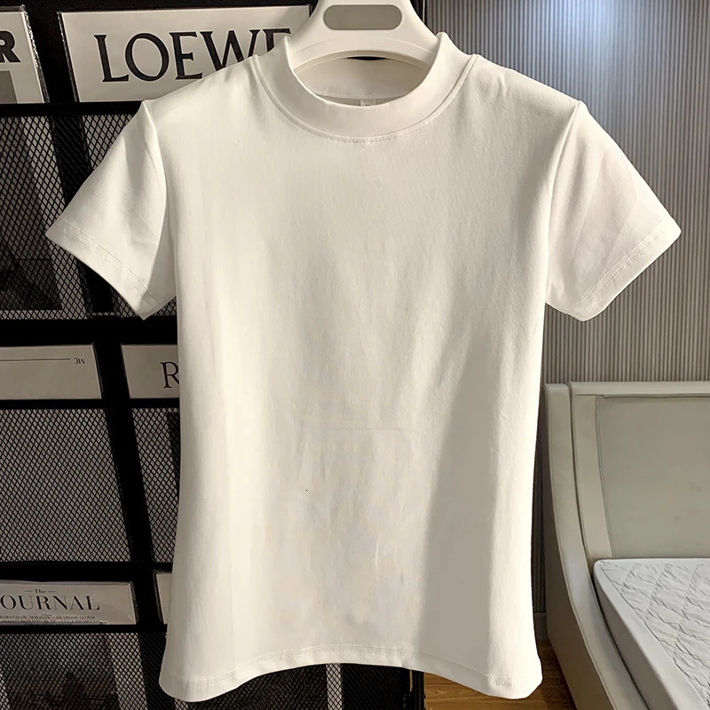 2024 Fashion Women Cotton Half High collar Short Sleeve Tshirts Summer Solid Color Elegant Tee Casual Tops 250724