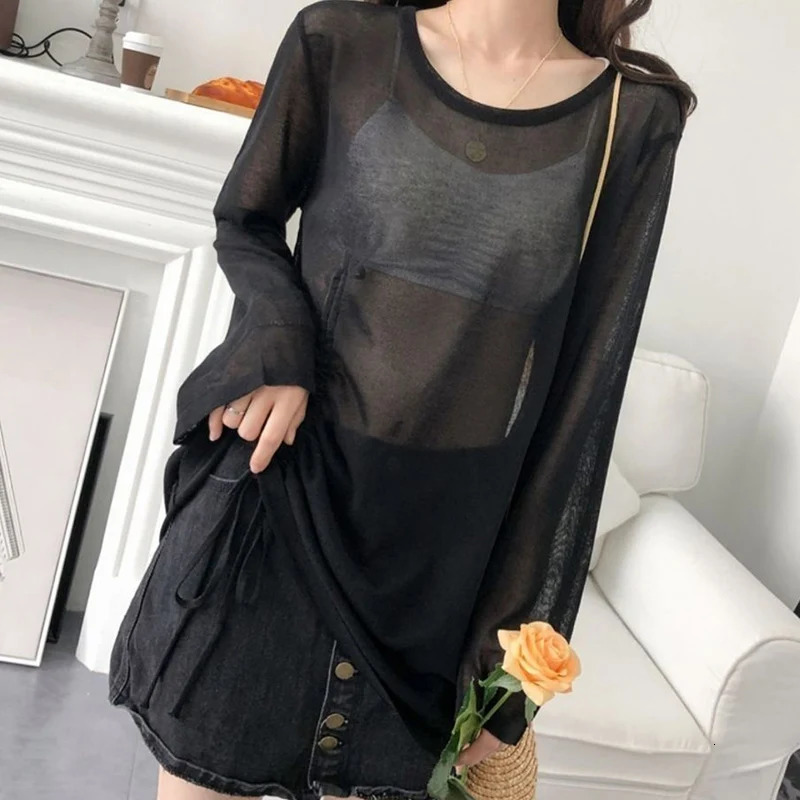 Rimocy Women Ice Silk Sunscreen TShirts Summer Fashion Drawstring Loose Tops Woman Slightly Transparent Long Sleeve Tees Female 250729
