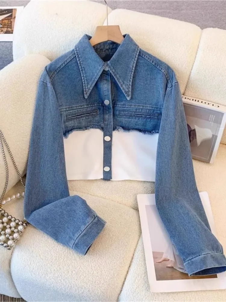 Denim Patchwork Pants Sets Women Fashion Long Sleeve Singlebreasted Short Jacket Straight Trousers Two Piece Set Female 250730