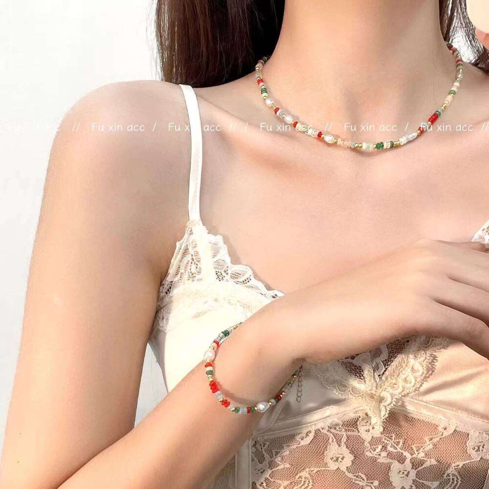 Dopamine Mixed Color Beaded Colorful Glass Beads Collarbone High-end Neck Chain Baroque Pearl Necklace f57