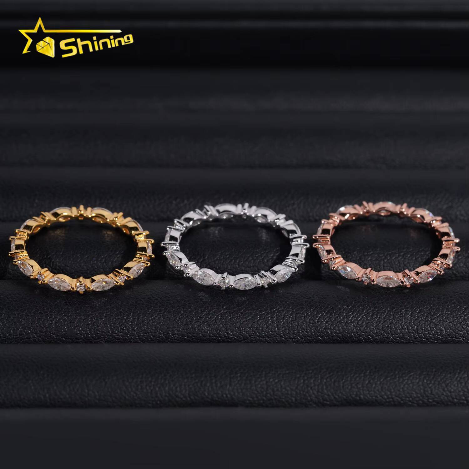 Simple Designs Marquise Cut Bezel Band VVS Moissanite Engagement Ring Gold Plated 18K 925 Sterling Silver Wedding Rings