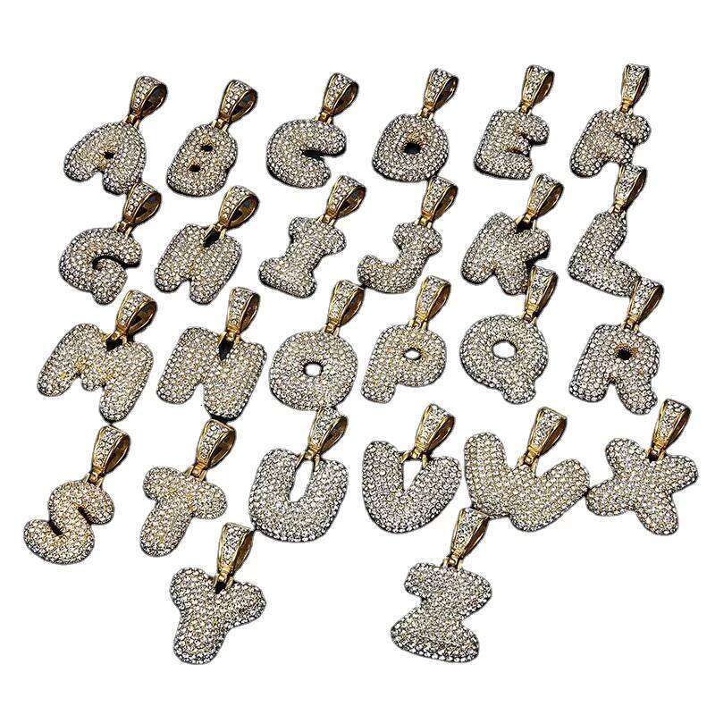 Blue Stainless Steel Bubble Pendant Gold Bling Iced Stones Hollow Out Mini Cute Letter Necklace for Women Gift