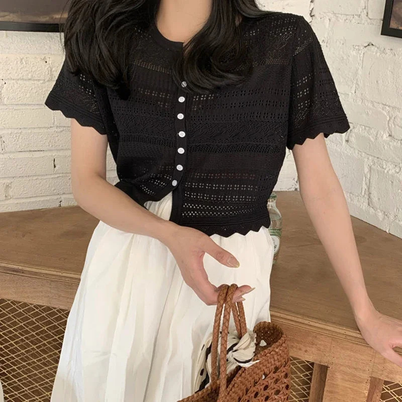 Chic Knitted Hollow Out Tshirts Women 2025 Summer Button Up Short Sleeve Crop Tee Woman All Match Round Neck T Shirt Female 250724