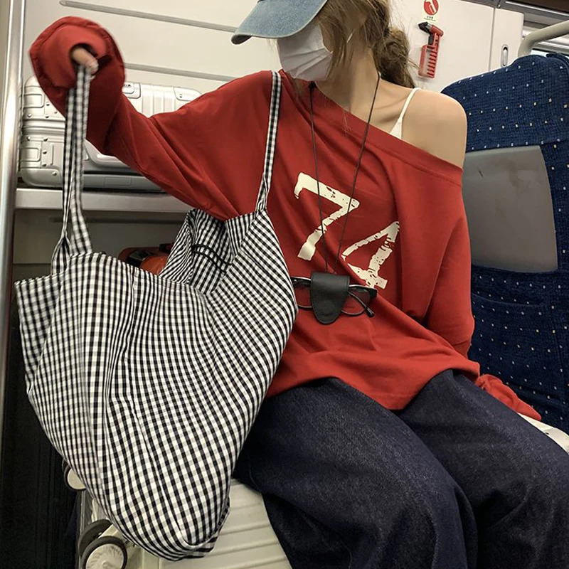 Women Clothing Trendy Sexy Off Shoulder Letter Print Basic T-shirt Y2K Harajuku Oversized Streetwear Tees Long Sleeve Tunic Tops 250725