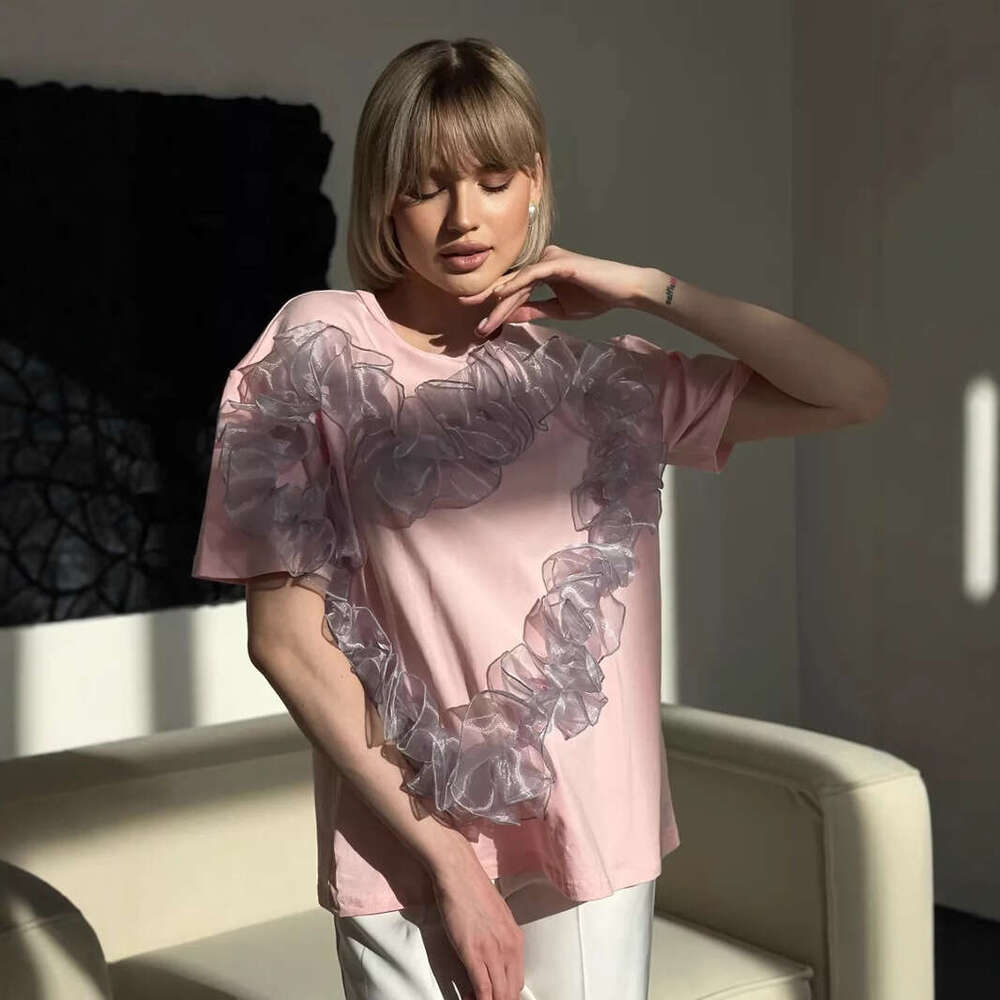 Heart-Shaped Organza Ruched Patchwork T-Shirt For Women Fashionable Ins Style Round Neck Loose Cotton Top B5