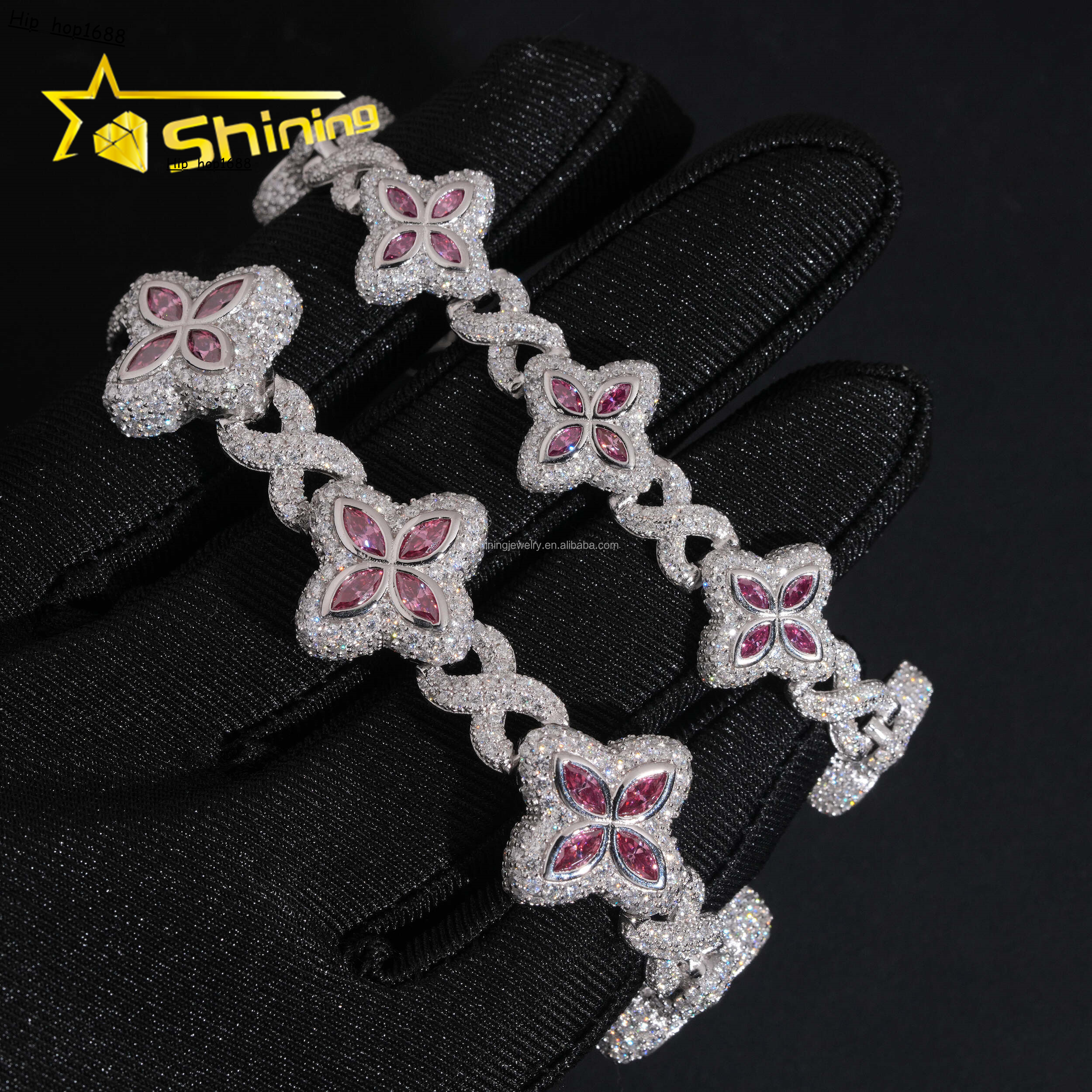 Unique Design Marquise Design Rapper Luxury Jewelry Hip Hop Pink Color Moissanite Iced Out S925 Silver Cuban Clover Bracelet