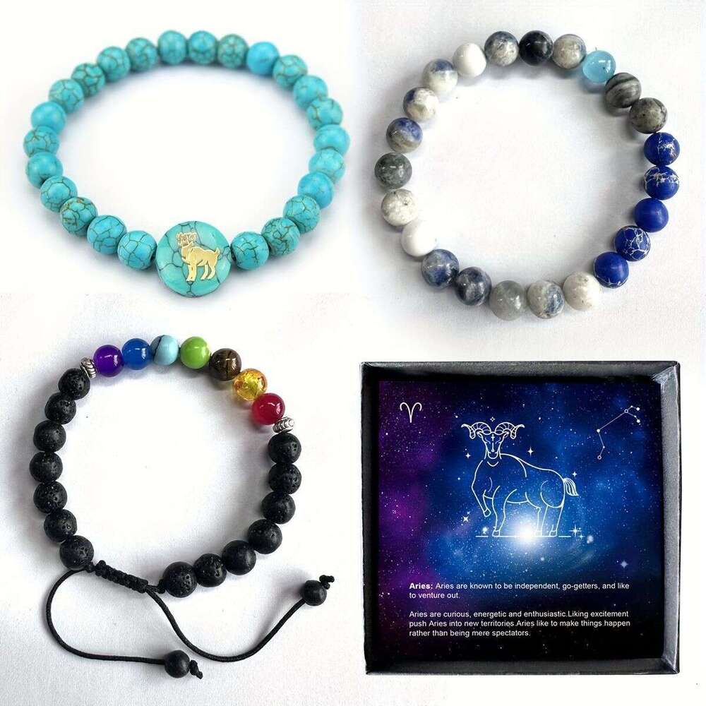 Natural Blue Turquoise Creative 12 Constellation Personality Fashion Round Bead Bracelet Jewelry