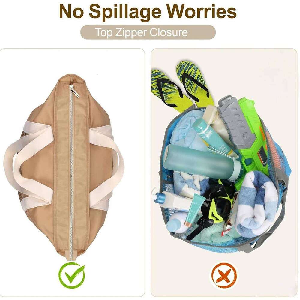 Travel Tote Beach Bag, Sand-Proof Foldable Handbag With Zippered Mesh Pocket, Daily Vacation Essentials