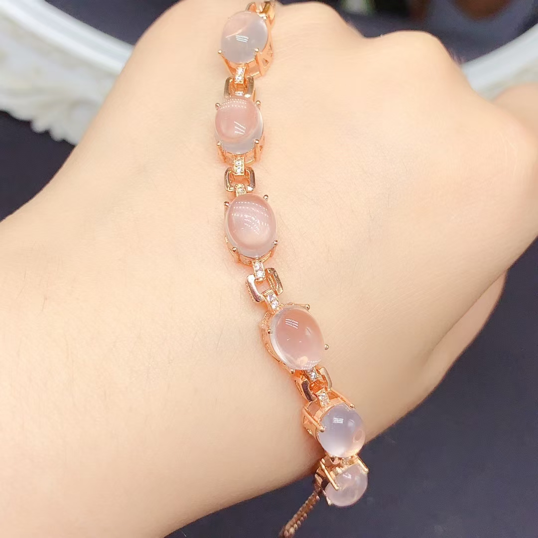 Natural Rose Quartz Bracelet for Party 7mm*9mm Total 12ct Rose Quartz Silver Bracelet with 18K Gold Plated 925 silver Gemstone Jewelry