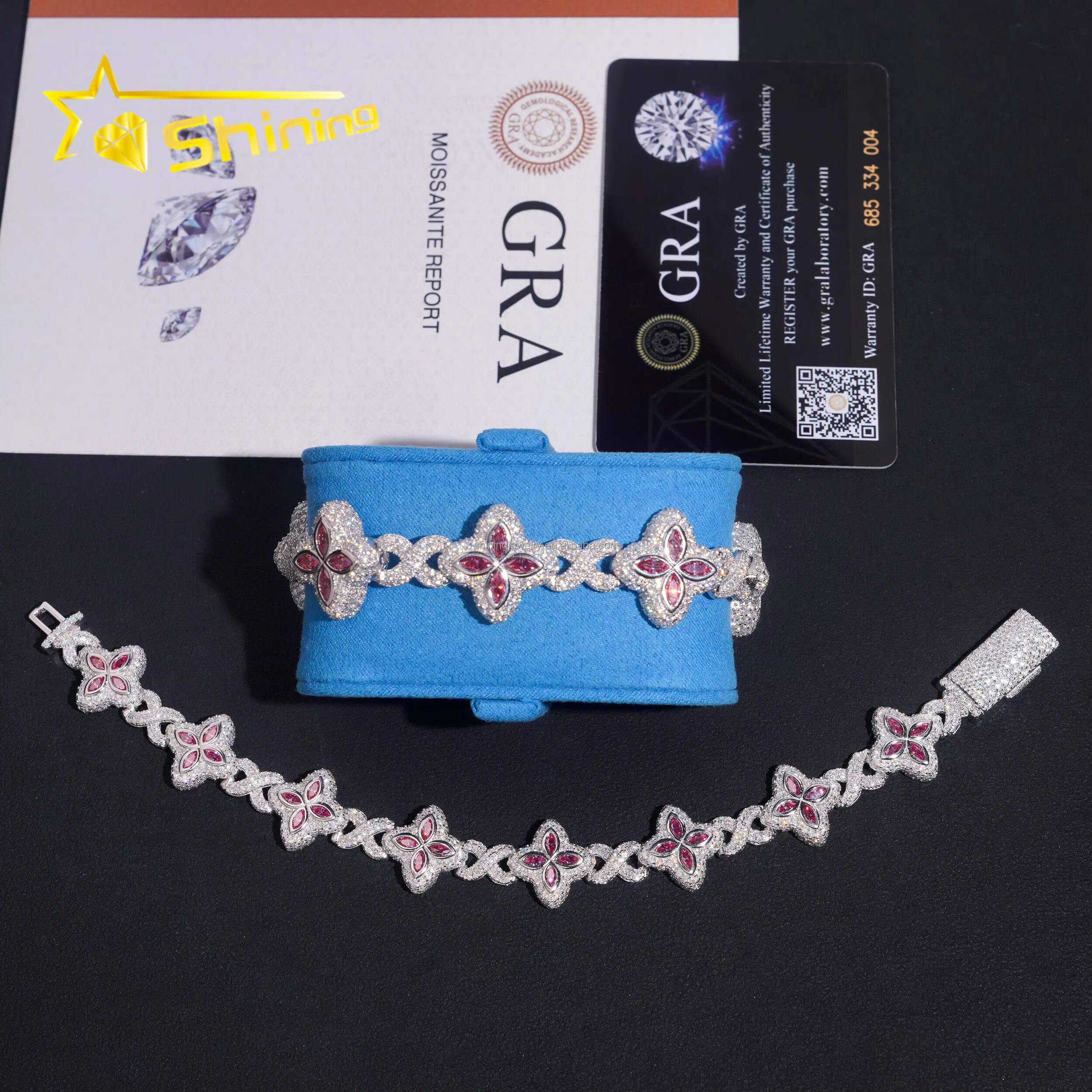 Unique Design Marquise Design Rapper Luxury Jewelry Hip Hop Pink Color Moissanite Iced Out S925 Silver Cuban Clover Bracelet