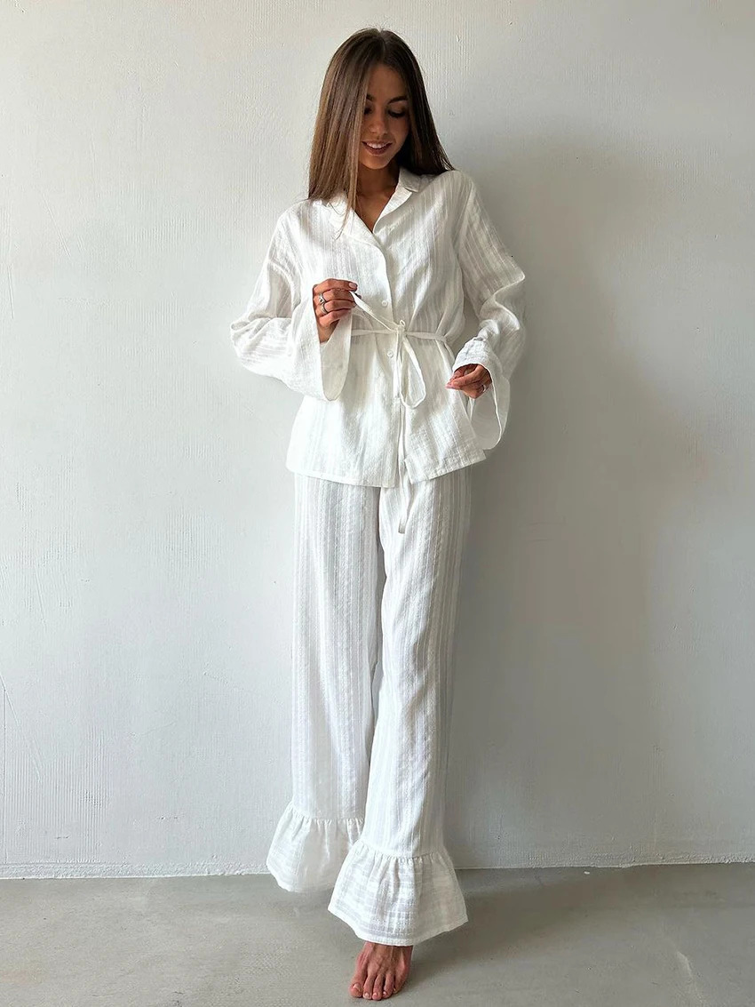 Marthaqiqiq Casual Women Nightgown 2 Piece Suit Long Sleeve Nightwear TurnDown Collar Sleepwear Pants Loose Home Clothes Ladies 250730