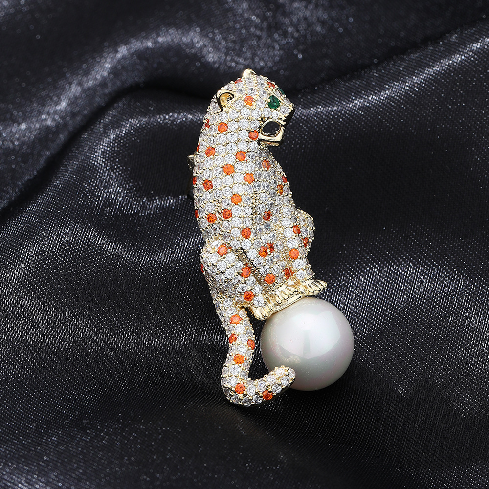 Gold Tone Rhinestone - Encrusted Leopard Brooch With Orange Gemstone Spots, Green Eyes And Pearl Accent Bold Party Jewelry And Gift For Her High Quali