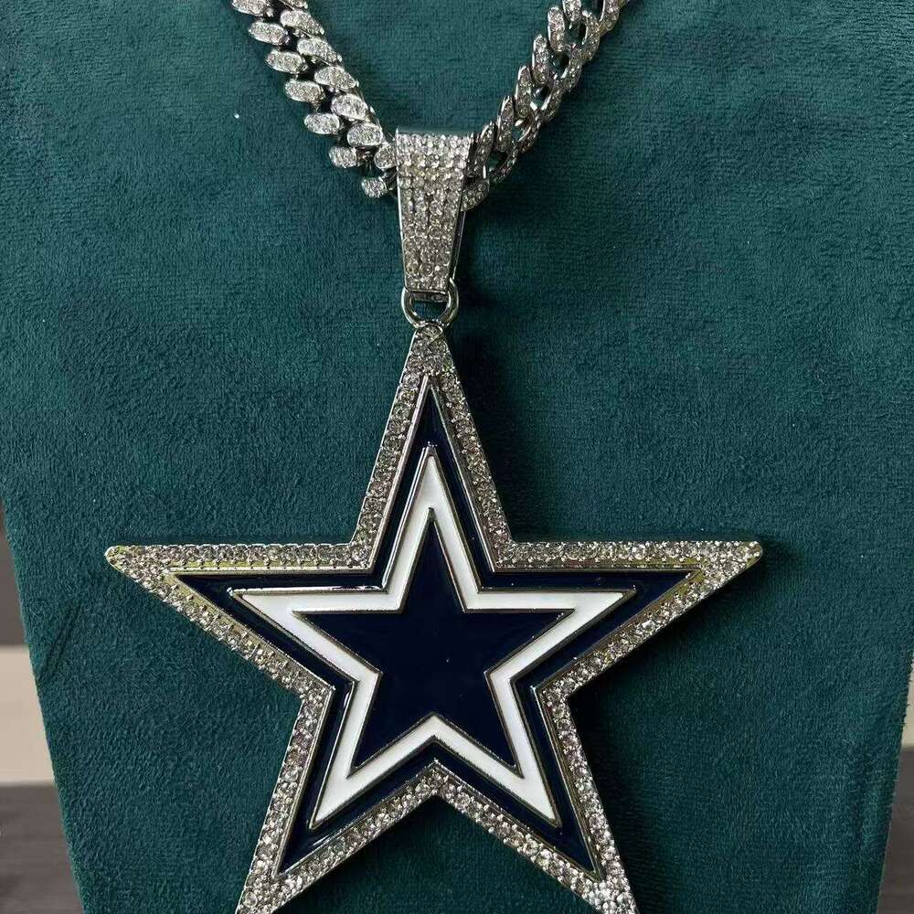 Hot Selling Blue Oil Drop Inlaid Dia Five-Pointed Star Pendant Hip-Hop Alloy Cuban Chain Personalized Creative Necklace