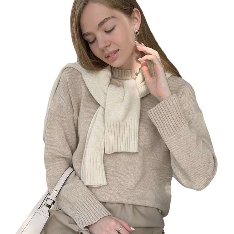 Autumn Winter New Round Neck Sweater For Women, Khaki Versatile Loose Knitted Top B5 h6