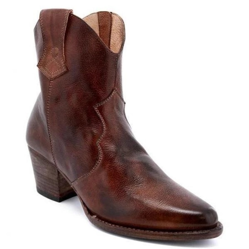 Womens Round Head Ethnic Leather Boot with Side Zipper - Thick Sole for Comfortable High Walk