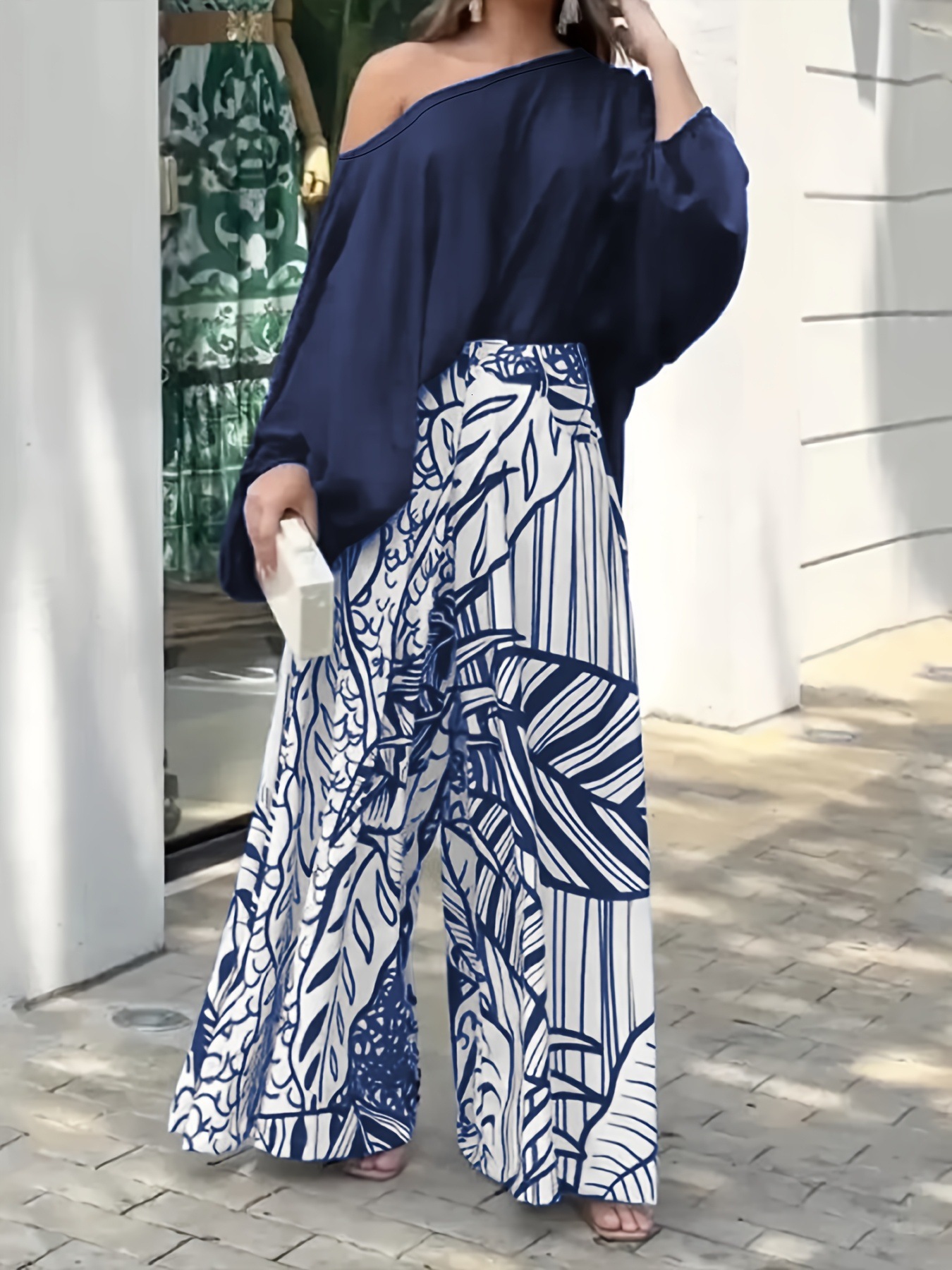 F2162 Womens Spring Summer Solid Color Asymmetrical Neck Top Fashion Printed Wide Leg Pants Casual Two-Piece Set