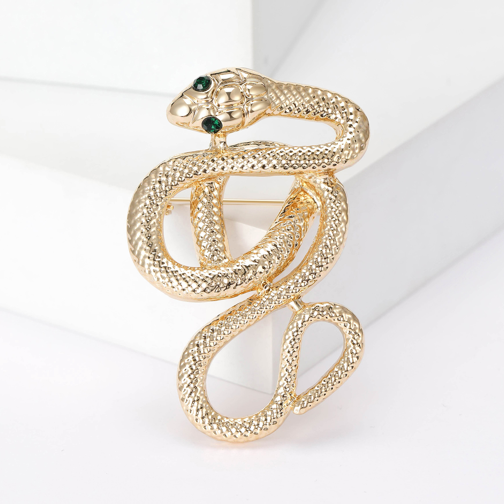 Silver Tone Textured Snake Brooch With Green Gemstone Eyes Elegant Party Jewelry And Gift For Her High Quality And Stylish Jewelry