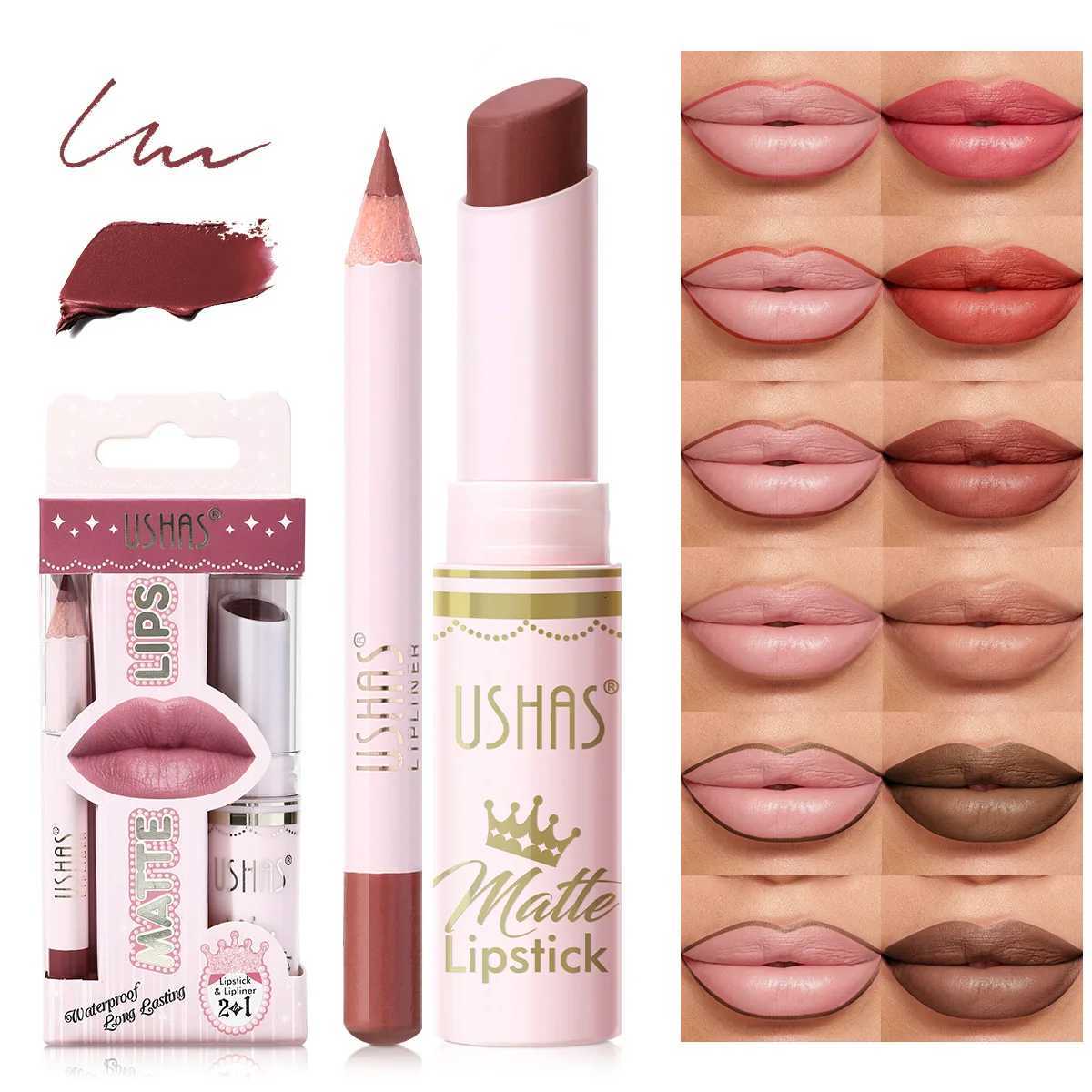 USHAS 6-color Matte Lipstick + Lip Liner Set Colorful Waterproof and Sweatproof Non-Stick Cup Colorful Set G250728