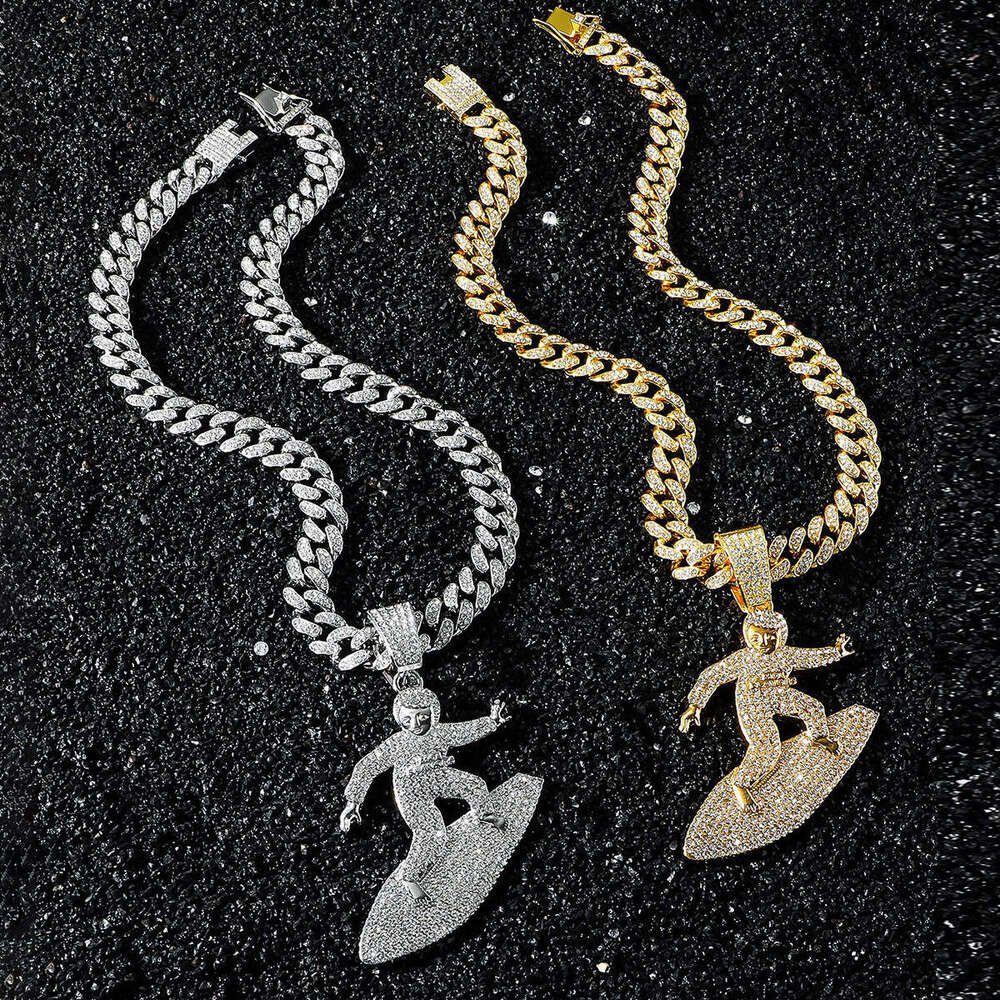 Full Child Ski Hip Hop Trendy Fashion Square Dia Alloy Cuban Chain Necklace Pendant