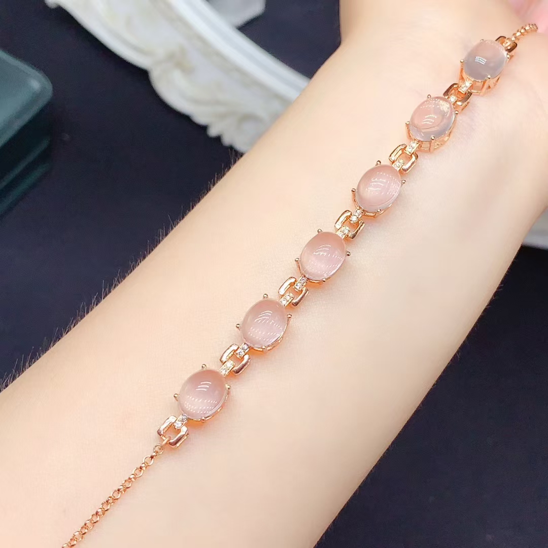 Natural Rose Quartz Bracelet for Party 7mm*9mm Total 12ct Rose Quartz Silver Bracelet with 18K Gold Plated 925 silver Gemstone Jewelry