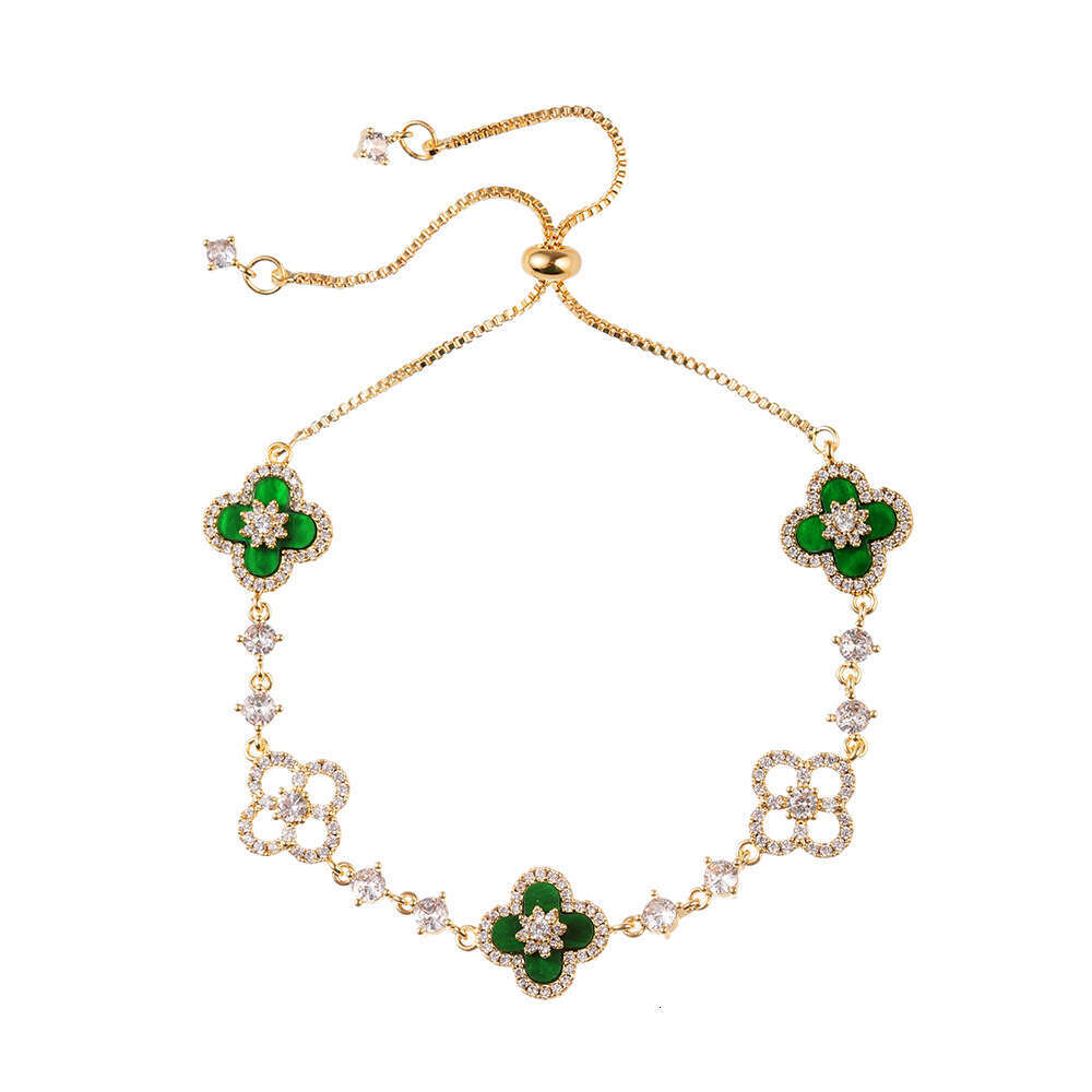 Sier Lucky Red Four-Leaf Flower INS Style Copper Gold-Plated Pull Necklace Bracelet Set