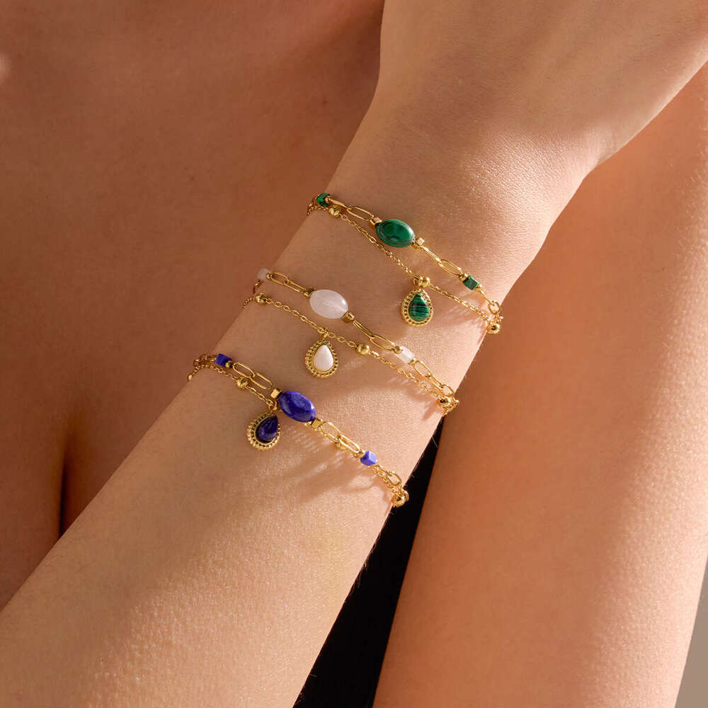 Stainless Steel Fashion Versatile Natural Stone Pendant Layered Bracelet for Women