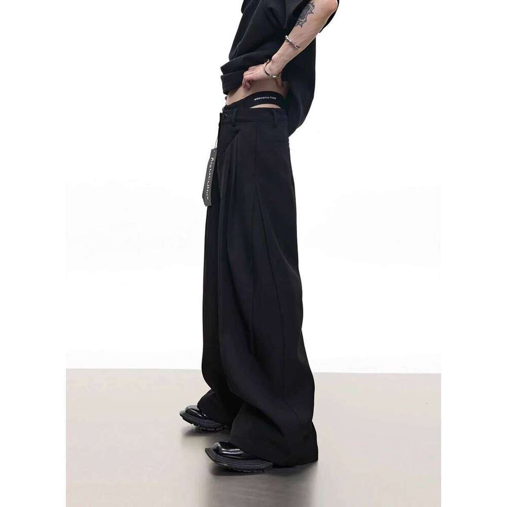 Mauroicardi Spring Autumn Cool Black Baggy Wide Leg Pants for Mens Designer Fake 2 Pieces Clothes Fashion Streetwear 2025