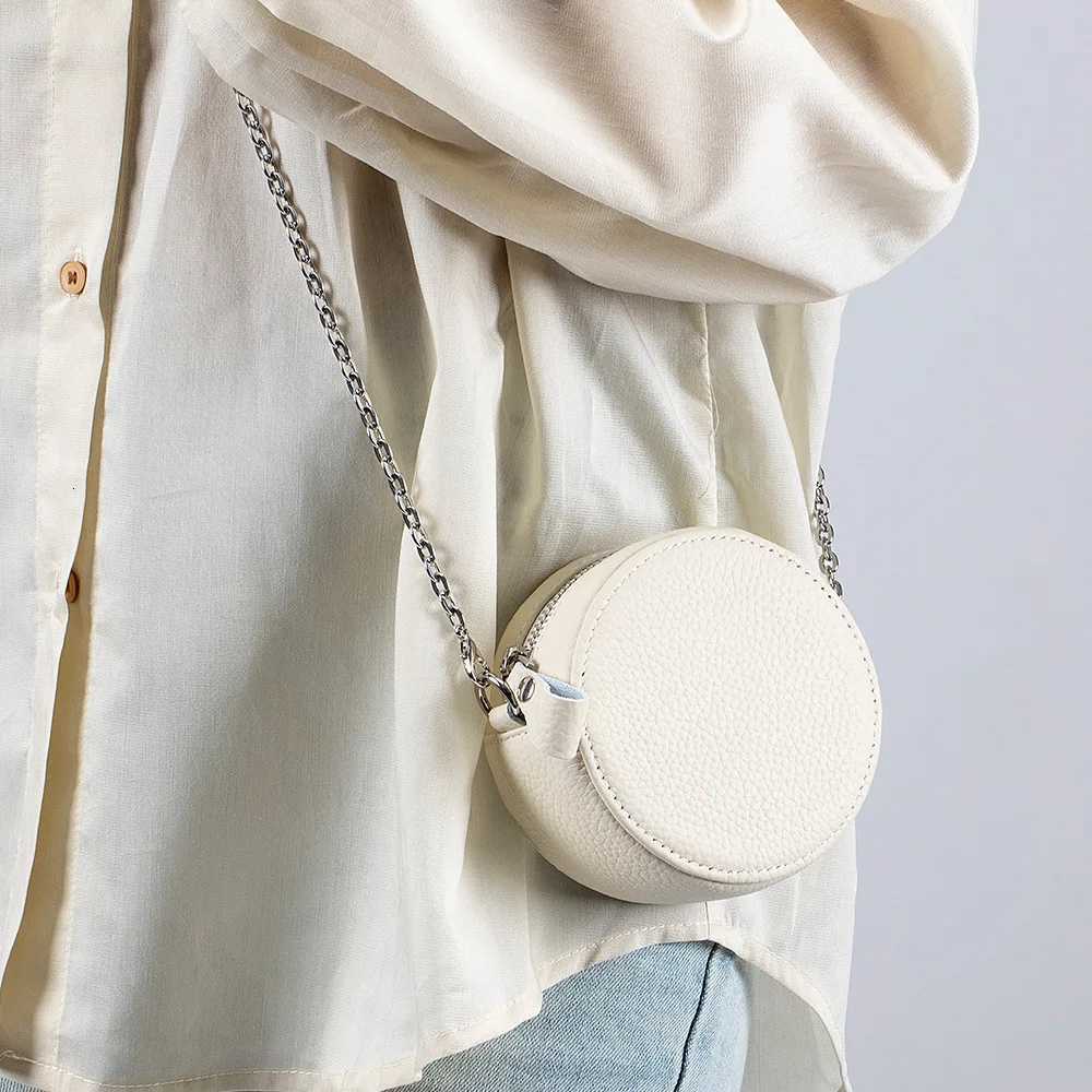 Ladies Fashion New Genuine Leather Round Mini Chain Bag Evening Shoulder Crossbody Purse Portable Change Lipstick Storage Bag Y250729