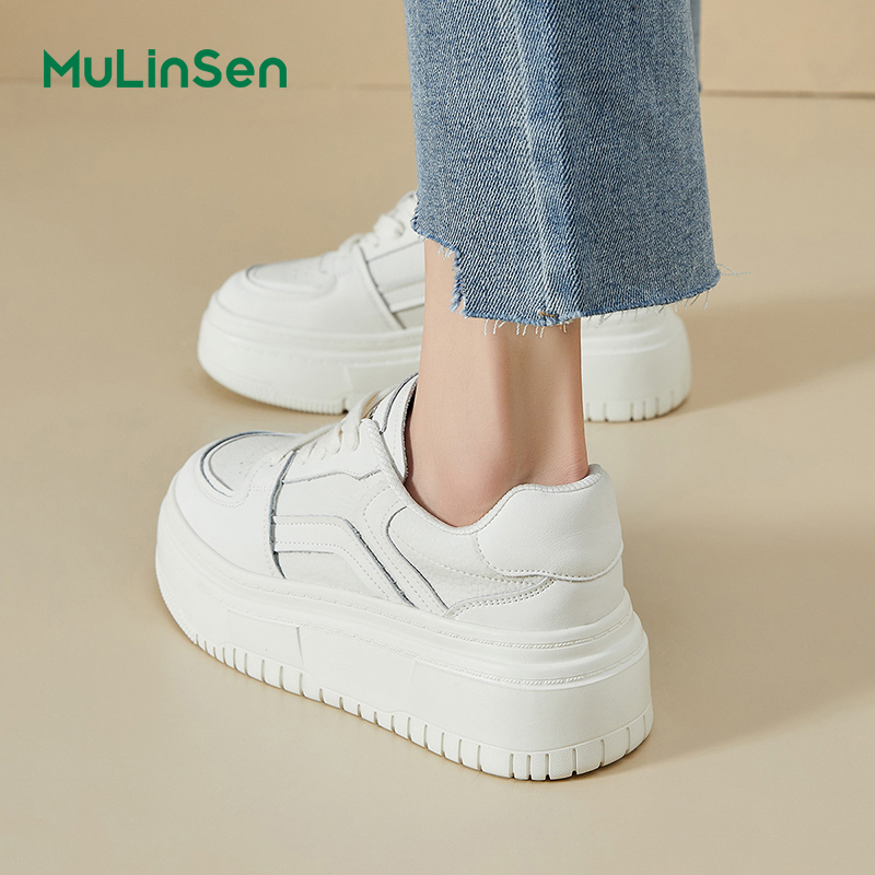 Mulinsen thick-soled white shoes for women 2025 new ins trendy all-match genuine leather platform shoes lightweight bread shoes casual sneakers