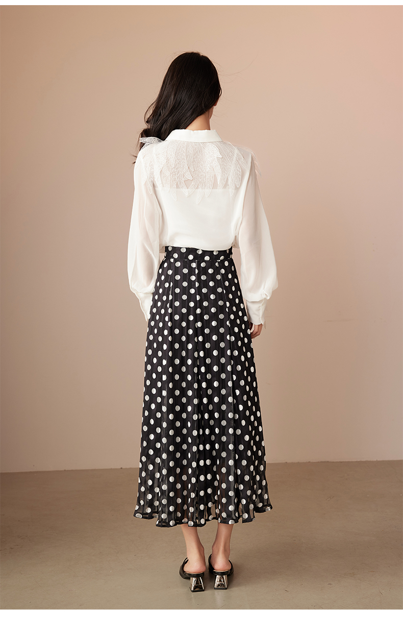 Womens Tulle Skirt White Polka Dot Midi Skirts Elastic High Waist Pleated Mesh Flowy A-Line Skirt Wedding Party Outfit 6111682