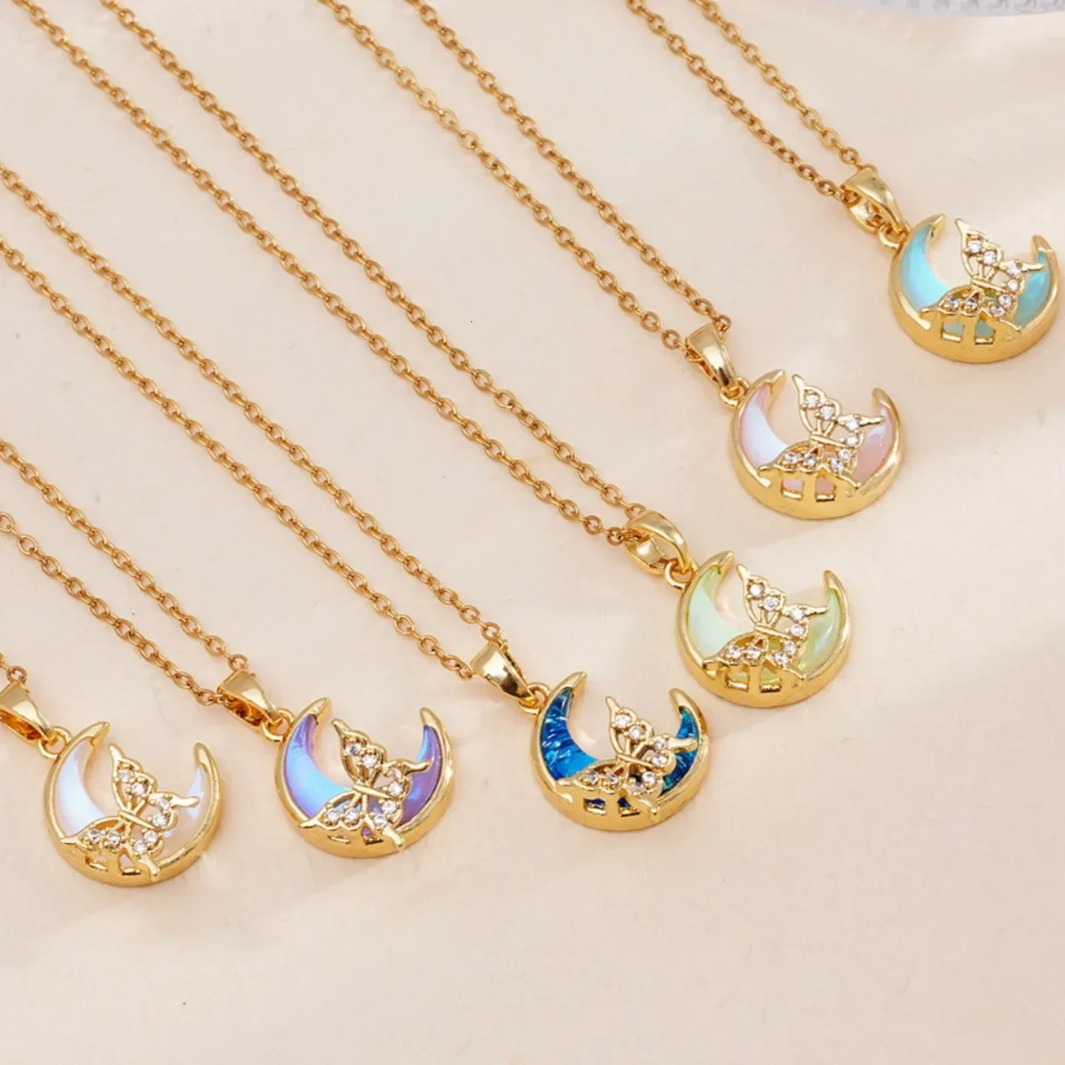 Stainless Steel Chain Romantic Colorful Resin Moon Zircon Butterfly Pendant Necklaces for Women Girls Trendy Accessories Gifts 250729