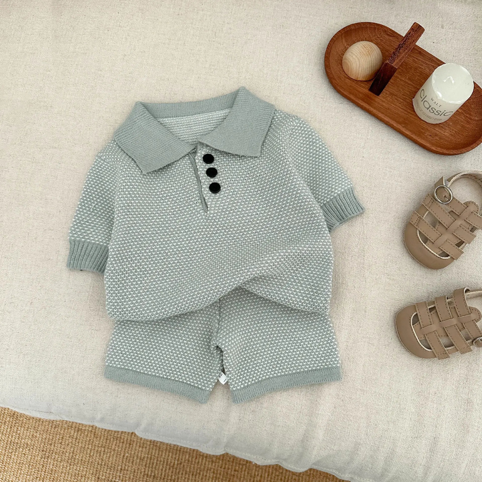 Korean Childrens Clothing Boys Knitted Suit Stylish Baby Thin Breathable Polo Shirt Short Sleeved Five Quarter Pants 250729