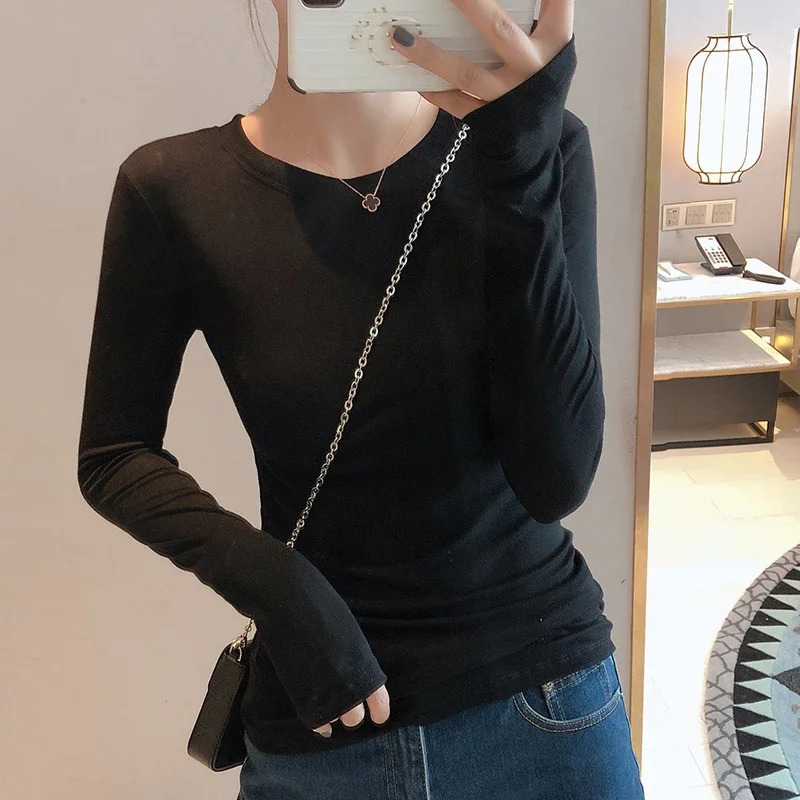 Women High Quality Plain T Shirt Cotton Elastic Basic Tshirts Female Casual Tops Long Sleeve Sexy Thin Tshirt 250729
