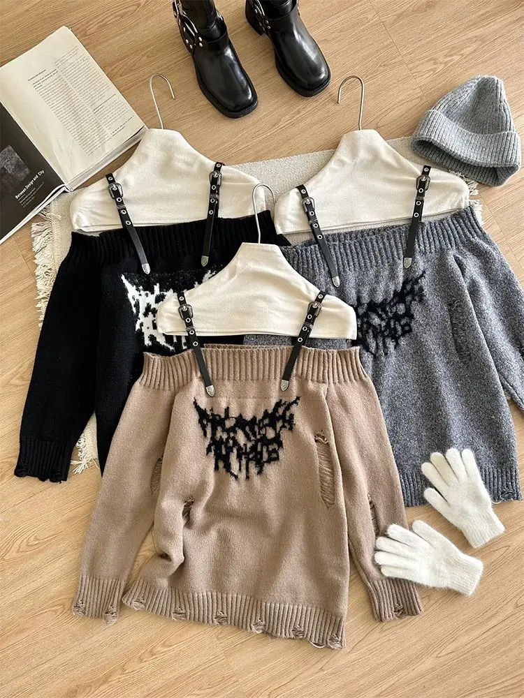 Hip Hop Off Shoulder Long Sleeves Strap Knitted Pullover Autumn Winter tie Loose Sweaters Grunge Top Womens Sweater 250723
