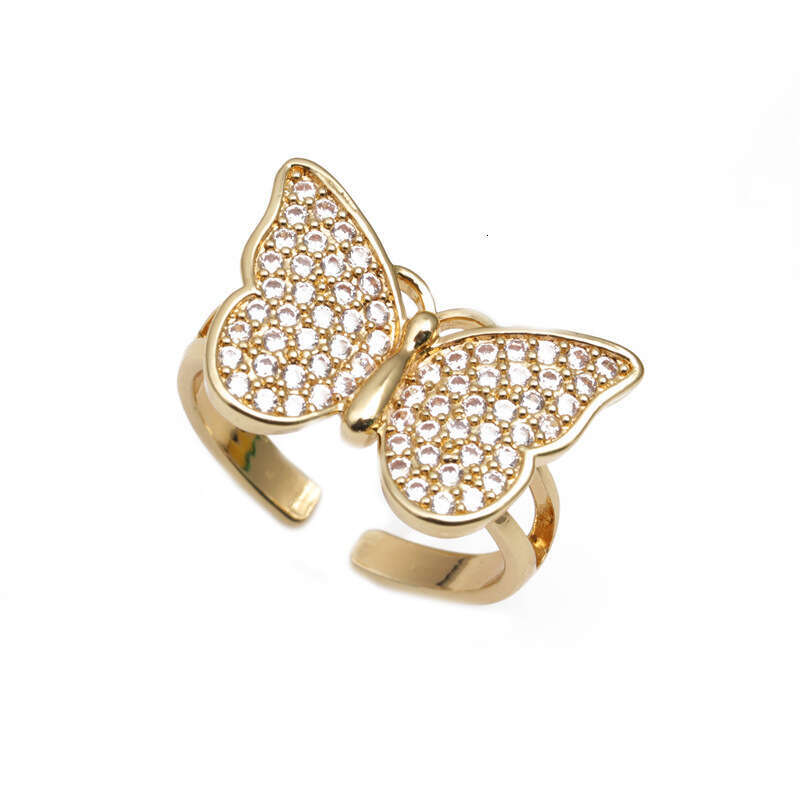 Minimalist Copper Gold-Plated Micro-Inlaid Zircon Korean and Japanese Style Butterfly Open Ring