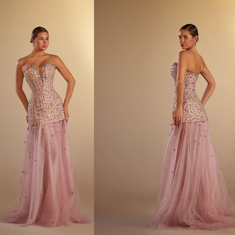 Unique Sequins Evening Dresses Strapless Prom Dress Sleeveless Illusion Mermaid Princess Party Gowns Sweep Train Vestidos De Noche Plus Size
