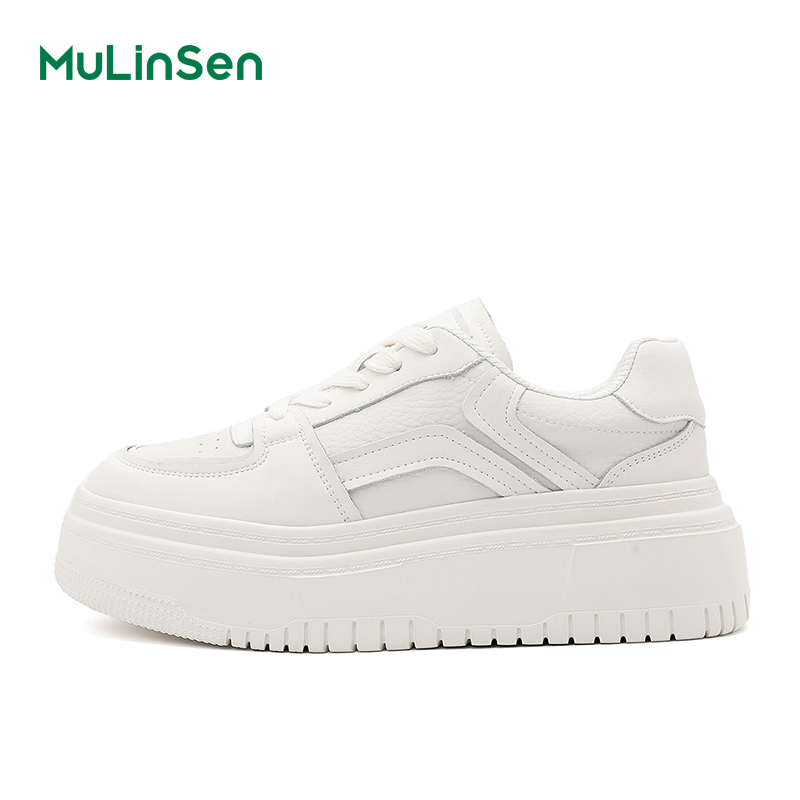 Mulinsen thick-soled white shoes for women 2025 new ins trendy all-match genuine leather platform shoes lightweight bread shoes casual sneakers
